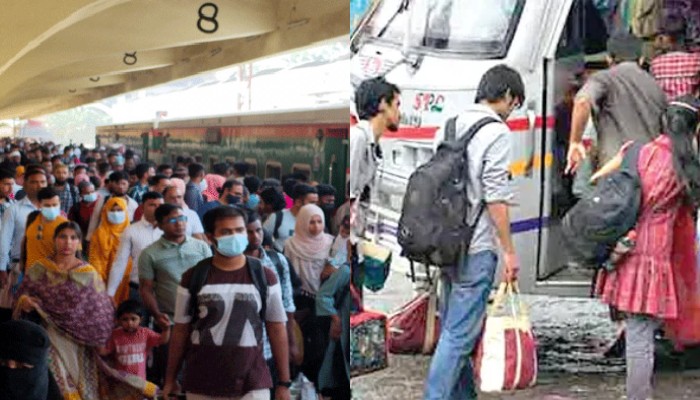 শেষ মুহূর্তে বাস-ট্রেনে ঢাকা ছাড়ছেন কর্মজীবী মানুষ